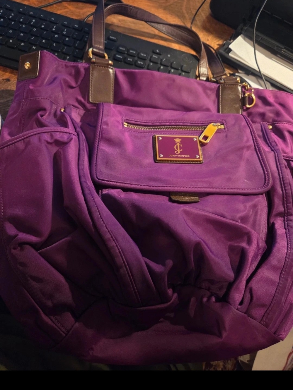 Juicy Couture Vibrant Purple Nylon Tote with Brown Trim
